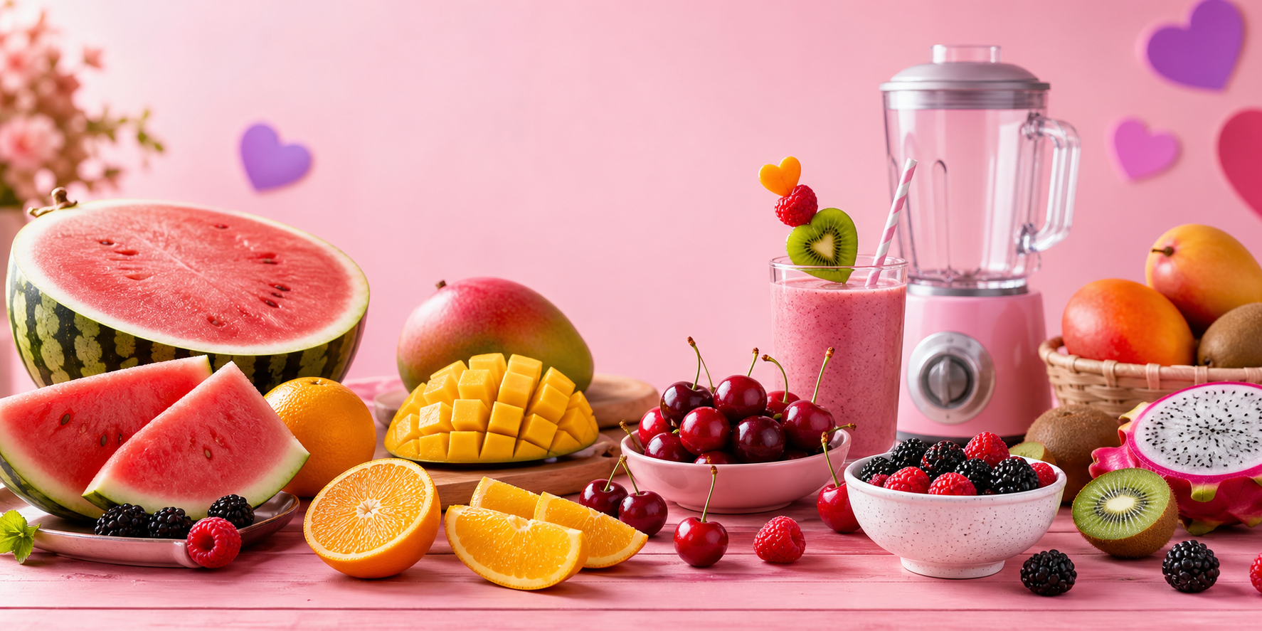 Fresh fruit, a smoothie, and a blender on a pink table